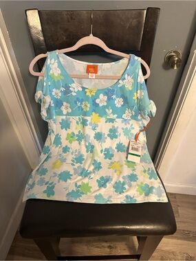 hearts of palm Aqua & White Floral Cold-Shoulder Tee